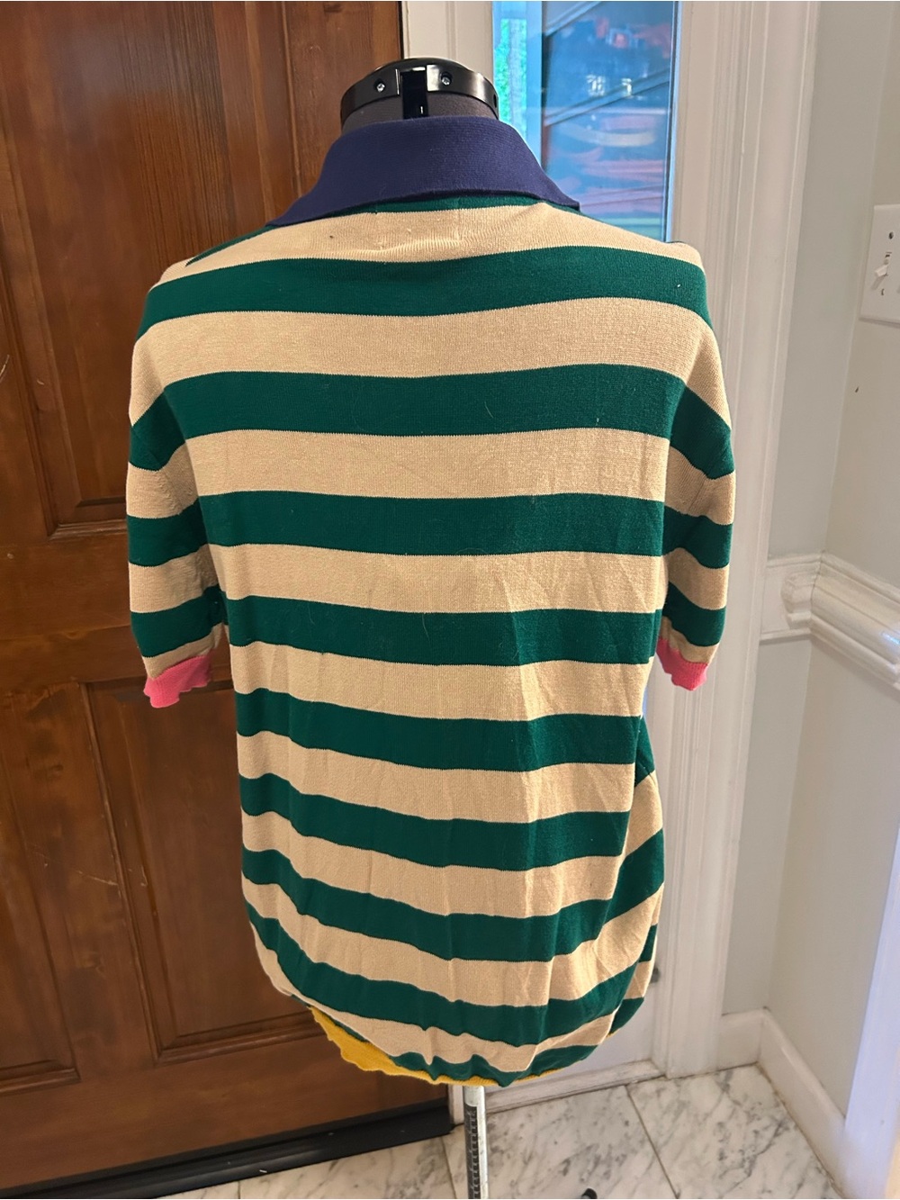 Striped Short-Sleeve Button-Down Shirt in Green, Cream & Navy - Picture 2 of 3
